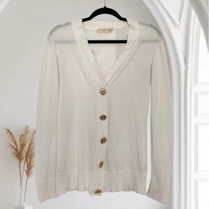 Tory Burch Elegant Preppy White Cotton Gold Button Up V-Neck Cardigan M